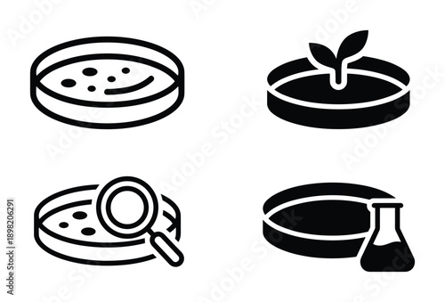 Petri dish experiment icons set. Microorganism culture, plant growing, research with magnifying glass, liquid sample