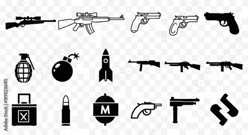 A comprehensive collection of black silhouette icons depicting various firearms, explosives, and ammunition, including rifles, pistols, grenades, and bullets, against a transparent background.