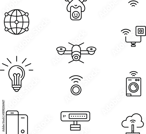 IoT icons, smart devices, technology, connectivity, AI, drone, camera, cloud, lighting, thermostat, security, mobile, router, doorbell, tablet