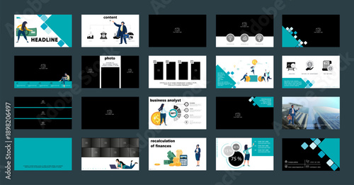 Business infographic presentation. PowerPoint. Blue rhombus design elements template, white background. Houses, people, photos. Teamwork in the city, businessman, annual report. Vector illustration