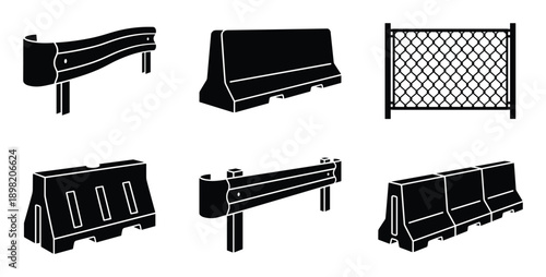 Road safety barriers set, vector guardrail, concrete barriers, chain link fence, highway construction elements