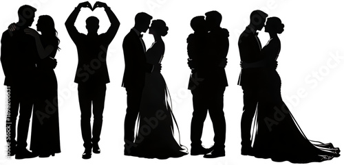 Romantic Silhouette: A series of black silhouettes of romantic couples, a visual display of love. Each couple appears in different stages of affection, against a clean backdrop. 