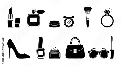Fashion and Beauty Icon Collection Featuring Makeup Cosmetics Luxury Accessories Jewelry and Stylish High Heel Footwear