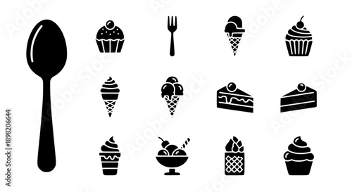 Dessert and Confectionery Silhouette Set Featuring Ice Cream Cupcakes Cakes and Sweet Treat Utensils