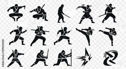 A collection of black ninja silhouettes in various action poses, including fighting stances, weapon usage, and dynamic movements, with additional graphic elements.