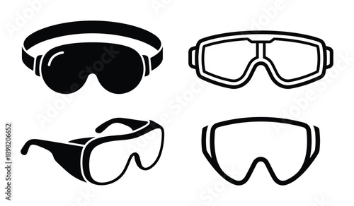 Safety glasses illustration set, including goggles, side shield glasses, and simple safety eyewear designs