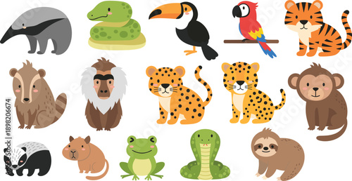 Cute Wild Jungle Animals Cartoon Vector Set with Exotic Mammals Birds and Reptiles