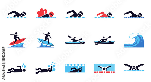Collection of flat design icons depicting various water sports and swimming activities including surfing, kayaking, and different swimming strokes.