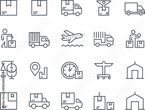 Logistics icons, shipping, delivery, cargo, transportation, warehouse, package, truck, airplane, scale, location, clock, freight, infrastructure, service