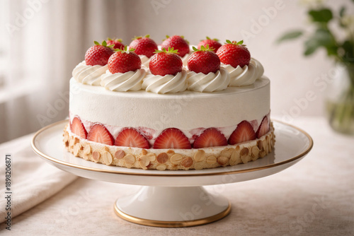 Foto A beautifully decorated strawberry shortcake with fresh whole strawberries on top and sliced strawberries visible around the base, served on an elegant white cake stand