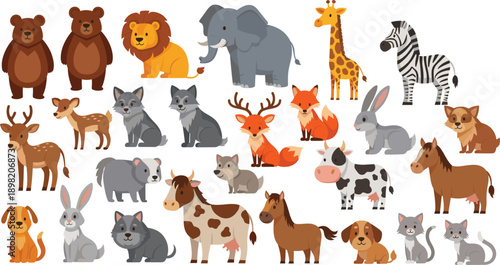 Cute Animal Cartoon Vector Set with Wild Farm and Forest Animals for Children Illustration
