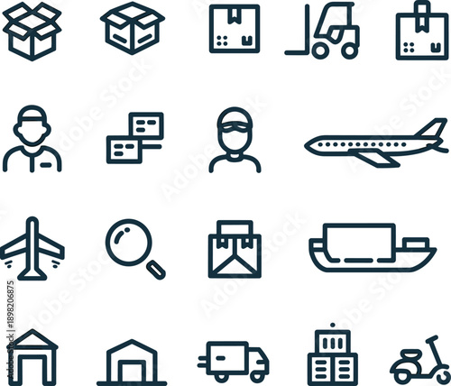 Logistics icons, shipping, delivery, transportation, warehouse, airplane, truck, scooter, forklift, package, communication, magnifying glass, cargo, suitcase, building