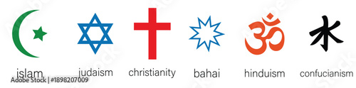 Six major world religion symbols.