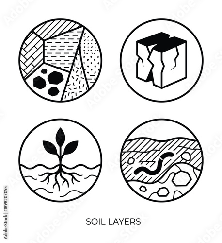 Soil Layers Vector Illustration Diagrams, Different soil components and root growth in layers, organic matter