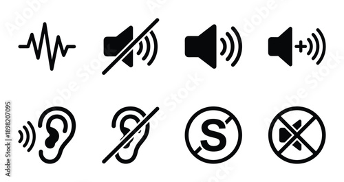 Sound audio vector icons: wave, mute, volume control, deafness and silence symbols