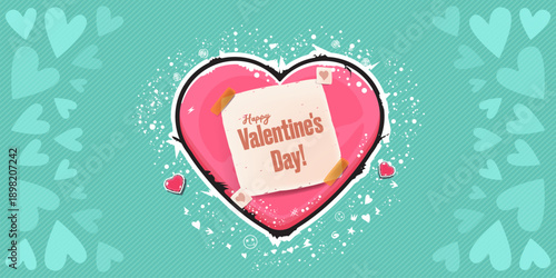 Happy Valentines day cartoon greeting card with grunge retro vintage heart and ribbon. Valentines day wide banner, apparel, sticker design template , vector illustration