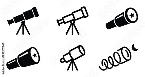 Telescope vector icons set, astronomy equipment for stargazing and observing celestial objects in black and white
