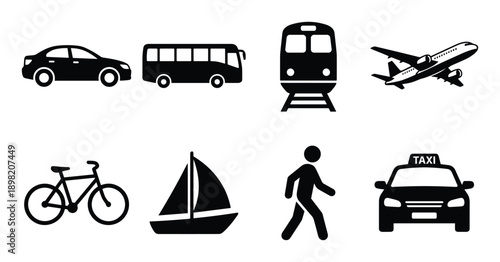 Transportation modes vector icons: car, bus, train, plane, bicycle, boat, pedestrian, taxi