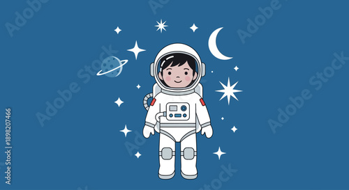 A vibrant flat design illustration depicting a young child dressed as an astronaut, symbolizing dreams of space exploration and future careers. This minimalist icon captures the wonder of childhood