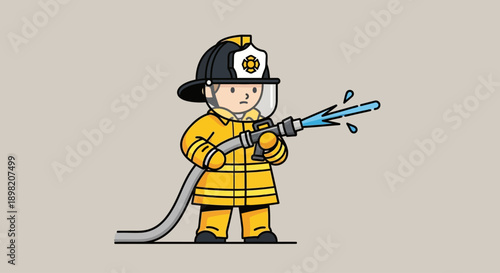 A bold flat design illustration showing a child dressed as a firefighter, equipped with a helmet and hose, embodying bravery and a desire to help others. This modern icon represents heroic dreams.