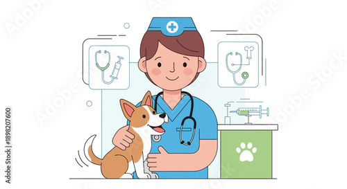 A tender flat design illustration of a child veterinarian caring for a pet, symbolizing compassion for animals and a future in veterinary medicine. 