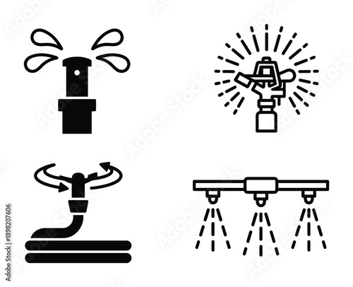Various irrigation sprinklers vector icon set. Different types of garden irrigation system sprinklers.