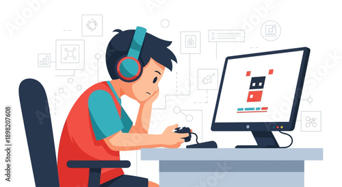 A modern flat design illustration showing a child gamer with a controller and computer, representing aspirations in video game development or professional gaming. 