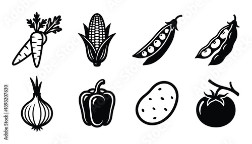 Vegetables vector illustration set, including carrot, corn, peas, onion, pepper, potato and tomato in black and white