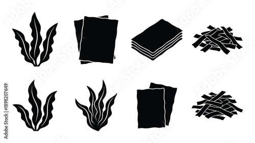 Various types of seaweed, nori sheets, and shredded seaweed, illustration of edible sea vegetables