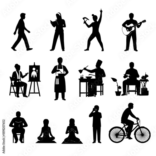 People activities and hobbies silhouette set of ten black vector figures
