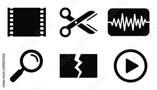 Video editing icons set, film reel, scissors, waveform, magnifying glass, broken, play icon black silhouettes