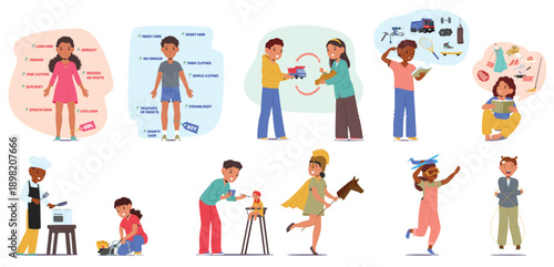 Diverse set of children not following traditional gender roles promoting equality and individuality