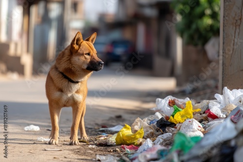 Stray Dog Standing Near Urban Waste in a Quiet Moment of Contemplation