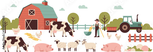 Farm Animals and Rural Agriculture Scene Vector Illustration with Barn Tractor Farmer and Livestock