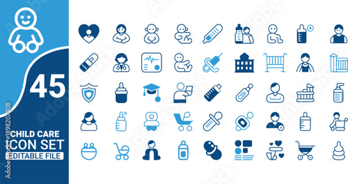 A collection of forty five blue line icons representing various aspects of childcare bundle set