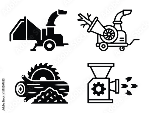 Wood chippers vector icons set of wood processing equipment, chainsaw, wood shredder and branch shredder