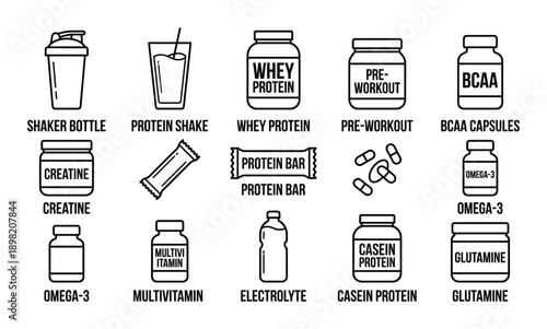 Workout supplements vector icons: protein, creatine, BCAA, vitamins, whey, shaker bottle, electrolyte, bar, glutamine