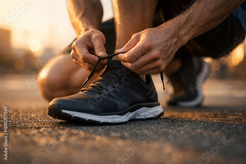 Fotografie Man tying shoelaces on a dark running shoe outdoors at golden hour, preparing for a run