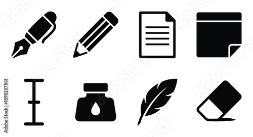 Writing and Editing Tools Icons Set, Pen, Pencil, Paper, Sticky Note, Inkwell, Quill, Eraser Vector Icons