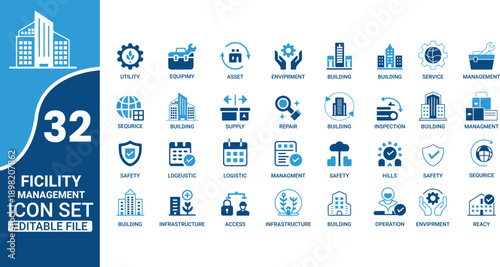 Facility management icon set displaying building operations safety and resource management high-quality