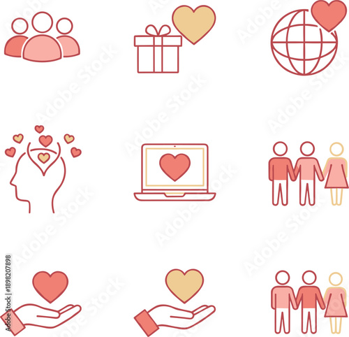 Charity love donation icons set vector illustration community support relationships compassion care flat design isolated social help kindness