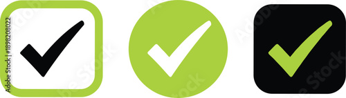 Check mark icon set featuring green and black tick symbols in square and circular frames for approval and completion tasks.