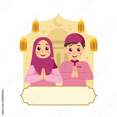 Cute Muslim Couple Greeting for Ramadan and Eid Mubarak Celebration