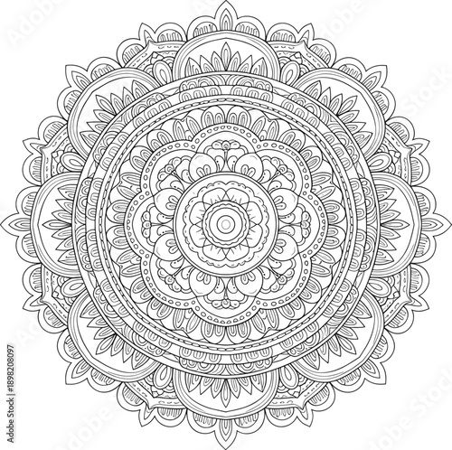 Intricate Mandala Line Art Vector Illustration with Floral Geometric Pattern for Coloring and Meditation