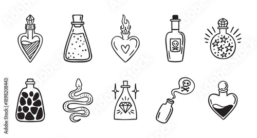 Potion bottles set, poisons, love potions, sparkles, monochrome line art hand drawn style