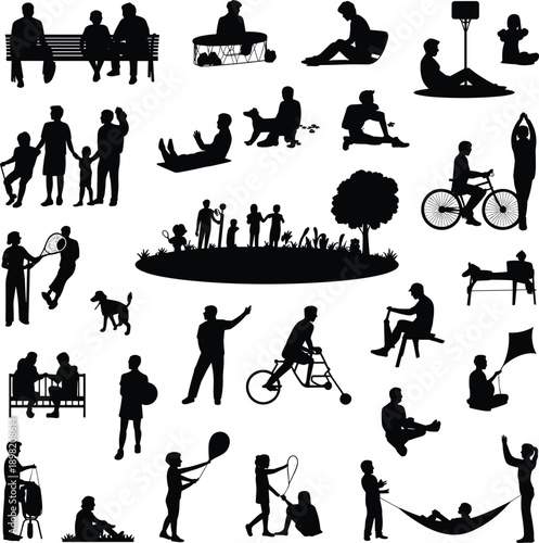 Black silhouettes of people enjoying outdoor park activities including walking, cycling, relaxing, playing, social interaction and leisure lifestyle scenes on white background