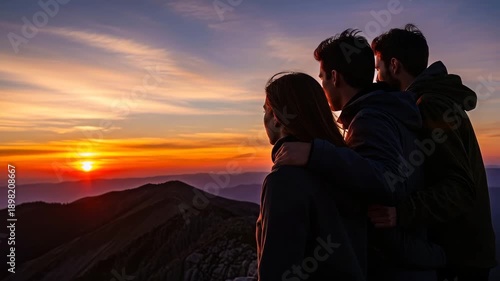 Friends watching sunset on mountain while embracing each other  
