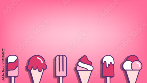 Various minimalist cartoon ice cream on clean bright pink background. Bottom border or flat lay line of drawing assorted scoops, gelato and popsicles. Vector horizontal HD banner with copy space.