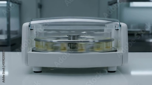 Spinning centrifuge with test tubes on laboratory countertop  
