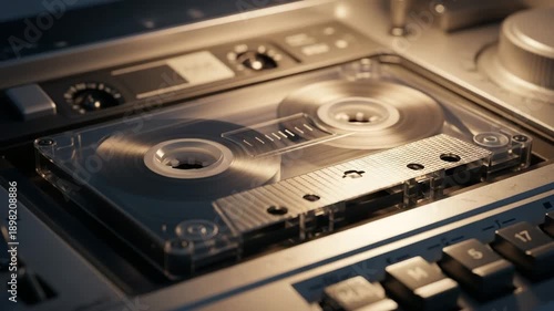 Cassette tape spinning in player on audio equipment close-up  